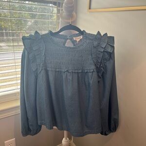 Boutique clean out. &Merci Denim Blue Ruffle Blouse